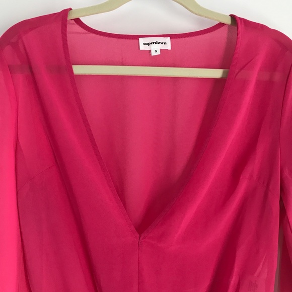 Superdown Celene Sheer Hot Pink Deep V-Neck Bodysuit Wrist Ties Dopamine Look - Picture 3 of 15